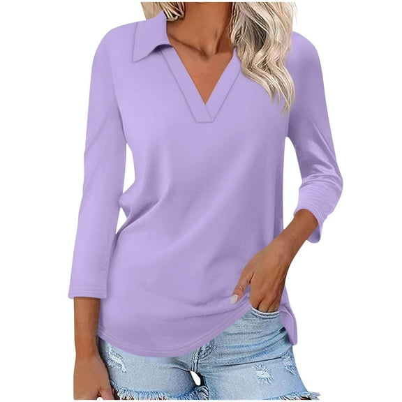 iHengLiXing Tops for Women Plus Size Women's Color Matching T-shirt V-neck Lapel 3/4 Sleeve Top