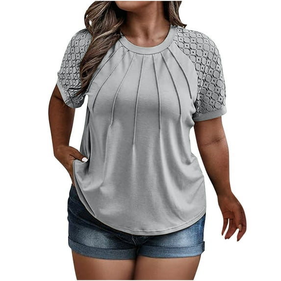 iHengLiXing Tops for Women Plus Size Women's Plus Size Top Lace Sleeves Basic Casual Round Neck T-shirt Loose Cotton Shirt