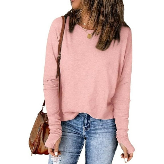 iHengLiXing Long Sleeve Tops for Women Women's Casual Solid Round Neck Loose Striped Plus Size T-shirt Pink XXL
