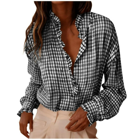 iHengLiXing Long Sleeve Tops for Women Women's Classic Checkered Striped Button-Down Shirt With Roll-Up Sleeves And Turn-Down Collar Black XL