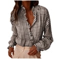 thumbnail image 1 of iHengLiXing Long Sleeve Tops for Women Women's Classic Checkered Striped Button-Down Shirt With Roll-Up Sleeves And Turn-Down Collar Brown L, 1 of 5