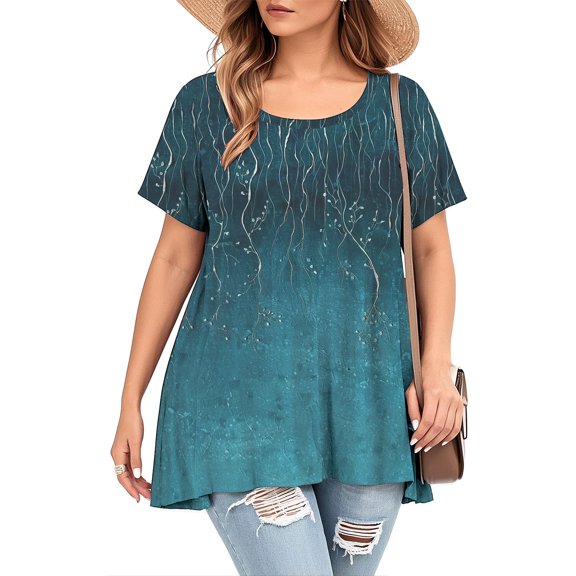 iHengLiXing Womens Tops under $10 Women's Loose Short Sleeved Fashionable Retro Style Printed Round Neck Plus Size Long Length Dress Tops Tunic Tops Multicolor XXL