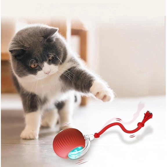 iHobby RC Interactive Cat Toys Ball, Motion Activated Automatic Self Rolling Kitten Play Ball with LED Light & Detachable Red Tassel