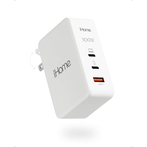 iHome 100W GaN Wall Charger, 3-Port USB-C PD & USB-A, Fast Charging, Portable