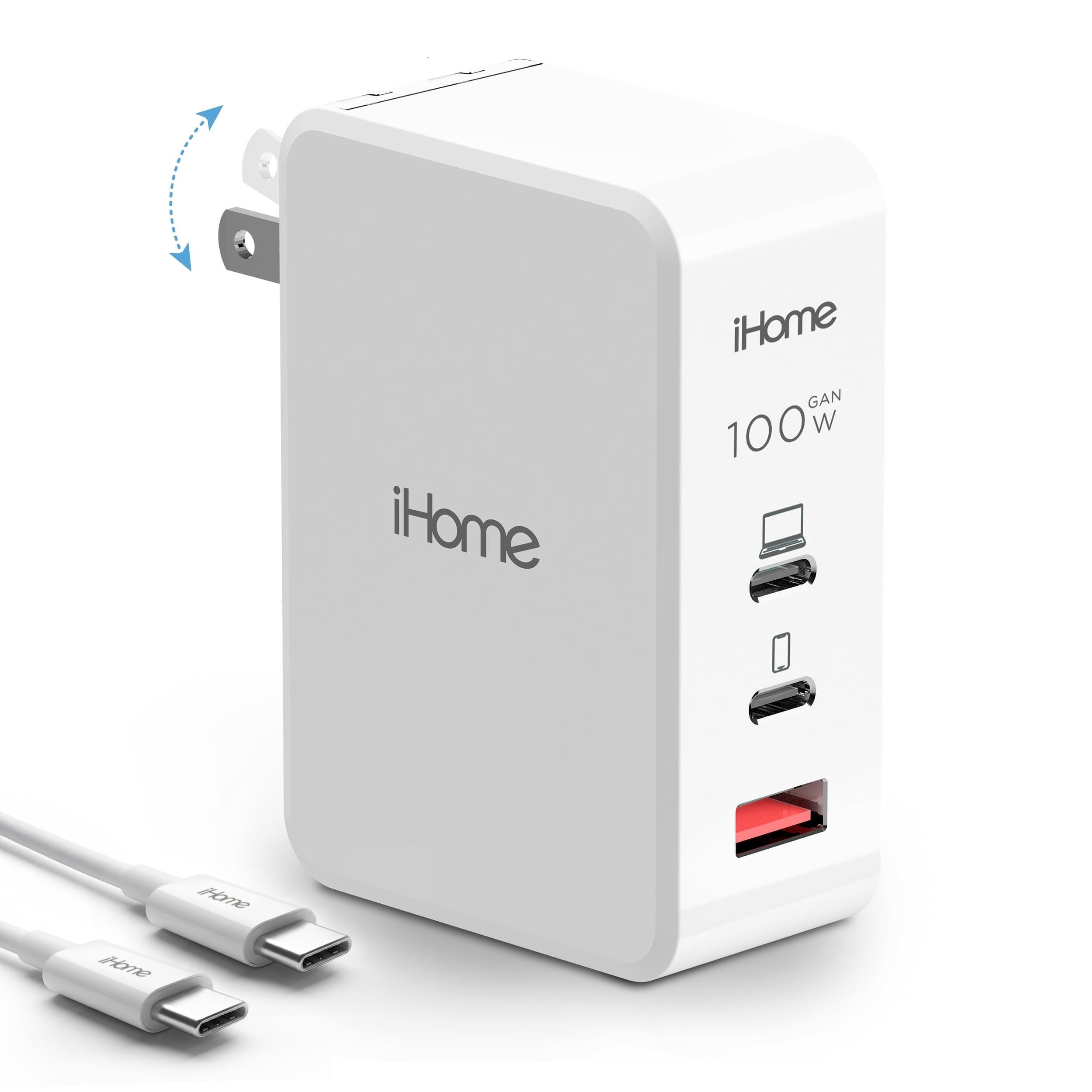 iHome 100W GaN Wall Charger with USB-C Cable, Fast Charging, Powers Up to 3 Devices, White