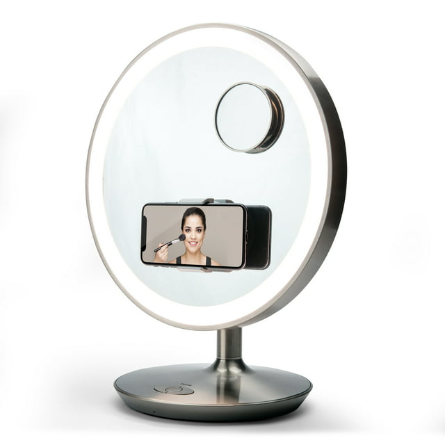 iHome 13" Glow Ring XL LED Silver Vanity Speaker with Bluetooth, Speakerphone, and 10x Detail Mirror