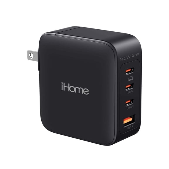 iHome 140W GaN Wall Charger, 3 USB-C PD Ports & 1 USB-A, 4-Port Fast Charging, Laptop Adapter