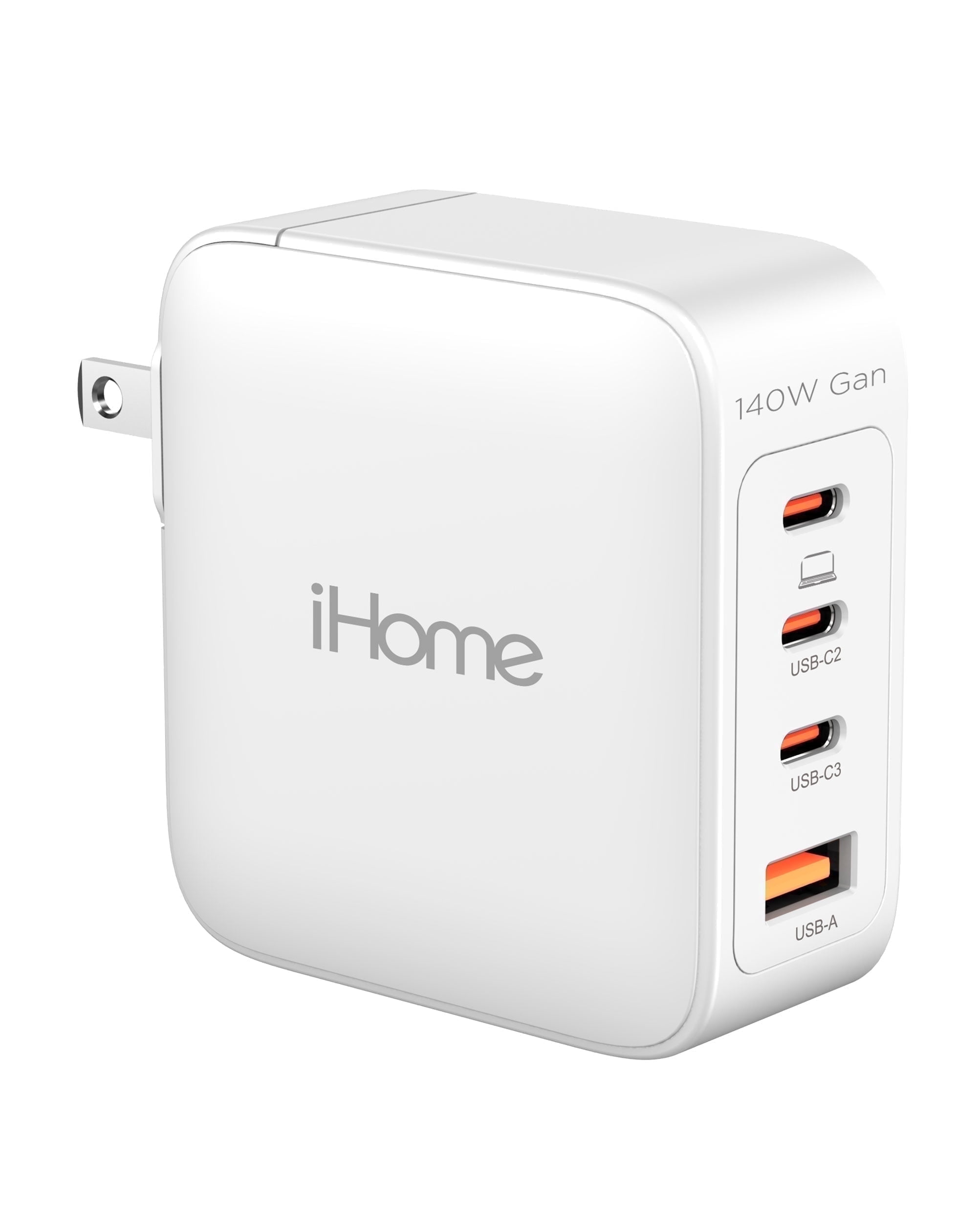 iHome 140W GaN Wall Charger, 3 USB-C PD Ports & 1 USB-A, 4-Port Fast Charging, Laptop Adapter
