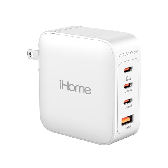iHome 140W GaN Wall Charger, 3 USB-C PD Ports & 1 USB-A, 4-Port Fast Charging, Laptop Adapter