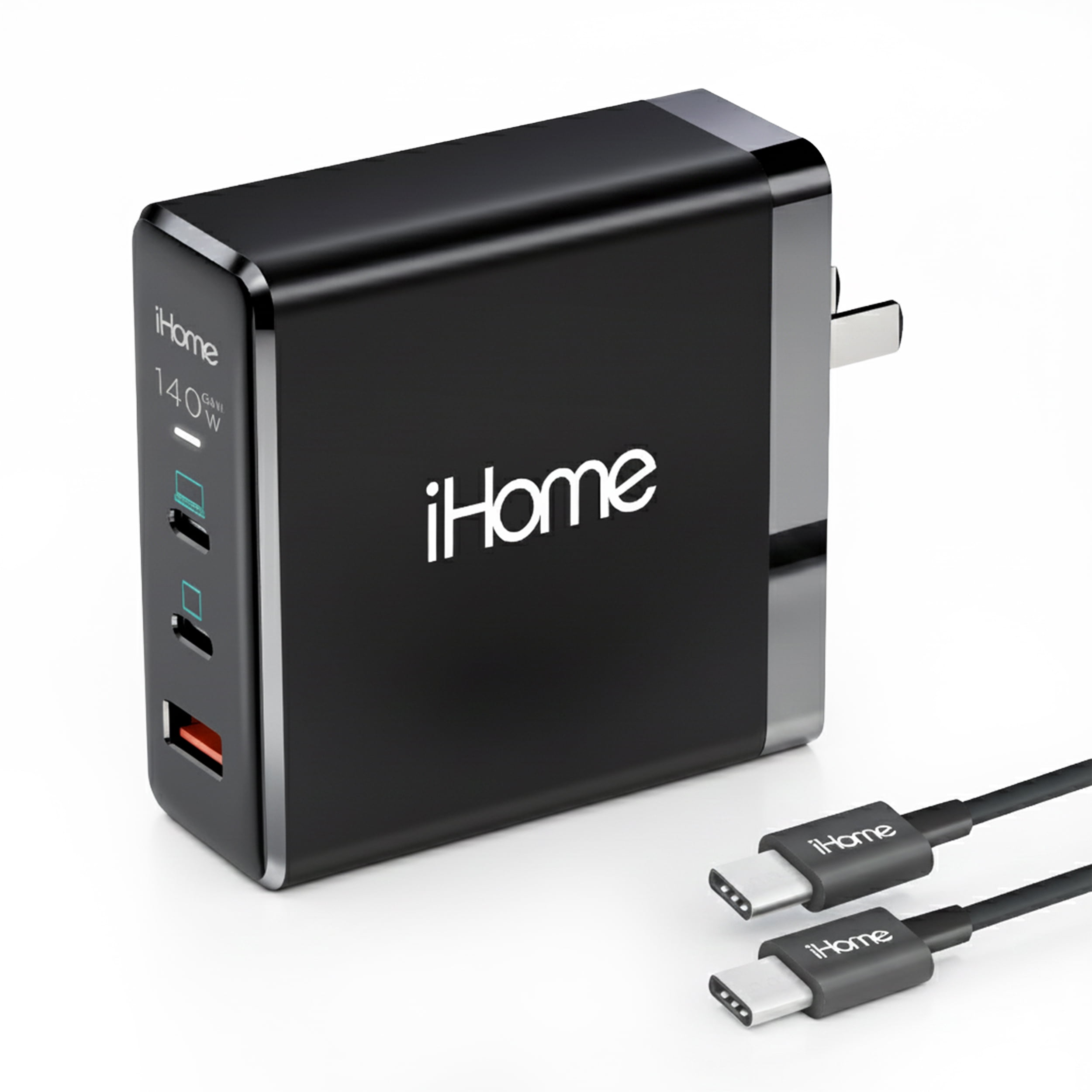 iHome 140W GaN Wall Charger with 6 ft USB-C Cable, Fast Charging, Powers Up to 3 Devices