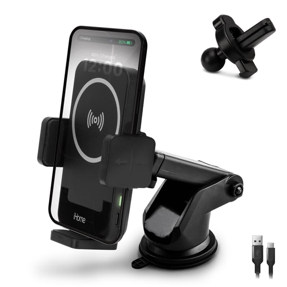 iHome 15W Wireless Car Charger Mount, MagSafe Compatible, Dashboard & Vent Mount, Adjustable Swivel Neck, Black