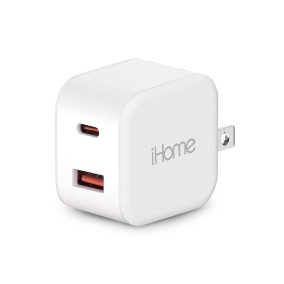 iHome 20W Dual-Port Wall Charger, USB-A & USB-C, QC/PD Fast Charging, Foldable Prongs, USB Compatible