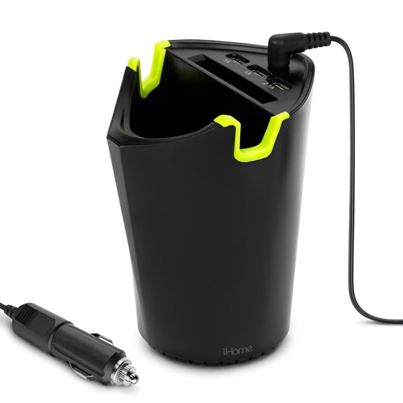 iHome 3 Port Cup Holder Charger, Rapid Charge 2.1A Port, Extra Storage, Universal Fit, Black