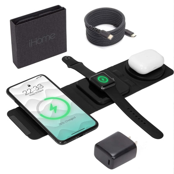iHome 3-in-1 Foldable Wireless Charging Kit, 15W Charger for iPhone, Apple Watch & AirPods, 20W USB-C Wall Charger & 6ft Cable