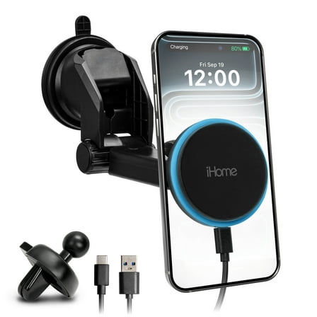 iHome 3-in-1 Magnetic Wireless Charging Car Mount, 15W Fast Charge, Flexible Vent, Dash & Windshield Mount