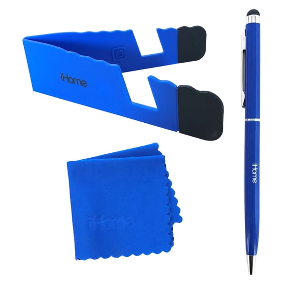 iHome 3-in-1 Stylus Pen Bundle with Microfiber Cloth & Stand for Tablets and Smartphones, Blue