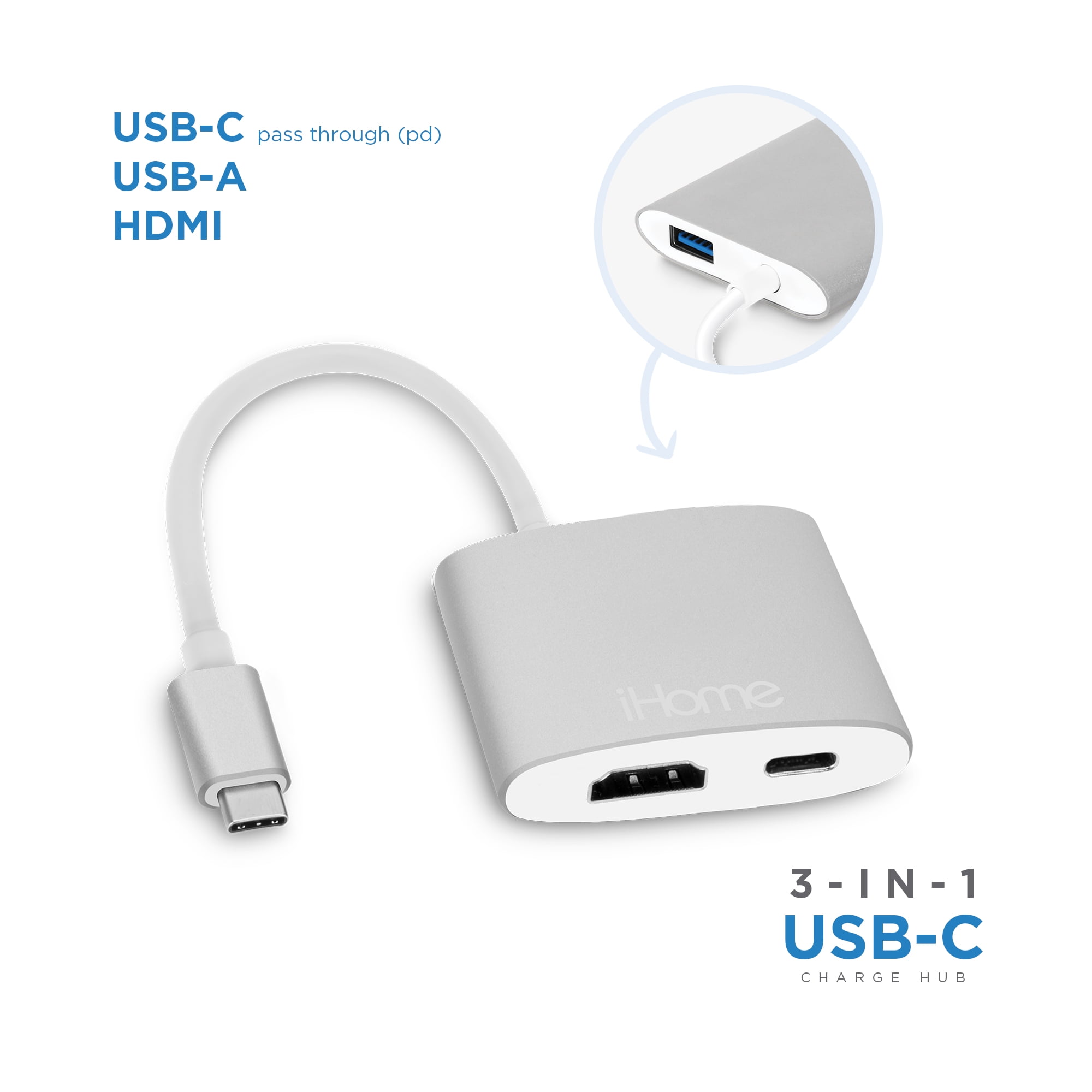 iHome 3-in-1 USB-C Charging Hub (USB-C, HDMI, & USB-A Ports) 