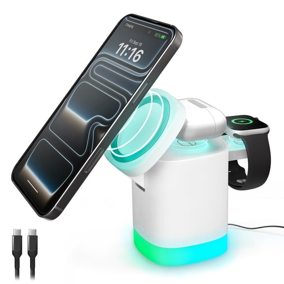iHome 3-in-1 Wireless Charging Stand, 15W Fast Charge, LED Light, MagSafe Compatible, Foldable Design
