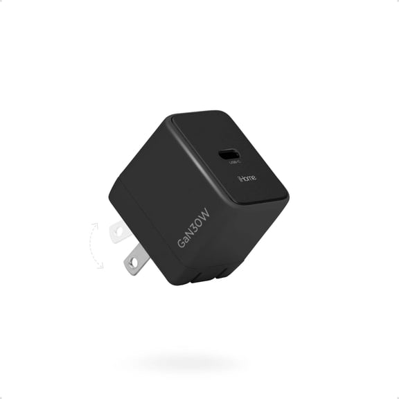 iHome 30W GaN Wall Charger, USB-C Power Delivery, Foldable Plug, Fast Charging for Phones & Tablets