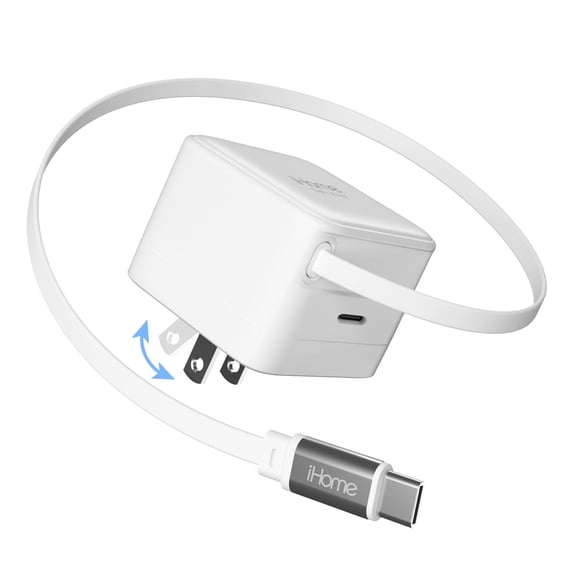 iHome 30W Retractable GaN Charger, Powers 2 Devices, Folding Prongs for Easy Storage, Retractable 2.3 USB-C Cable, White