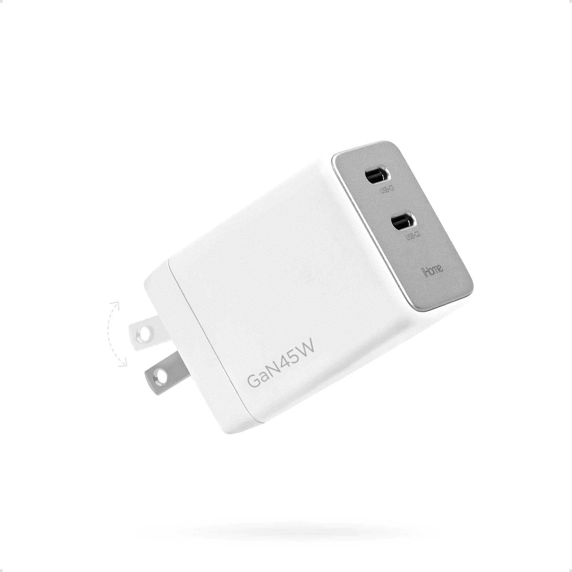 iHome 45W GaN Charger, Dual USB-C Ports, Power Delivery, Fast Charging, Foldable Plug