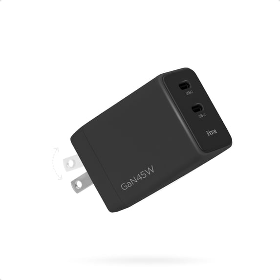iHome 45W GaN Charger, Dual USB-C Ports, Power Delivery, Fast Charging, Foldable Plug