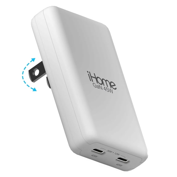 iHome 45W Ultra Slim Wall Charger, Dual USB-C Ports, GaN Technology, Folding Prongs, Travel Friendly, ETL Certified, White