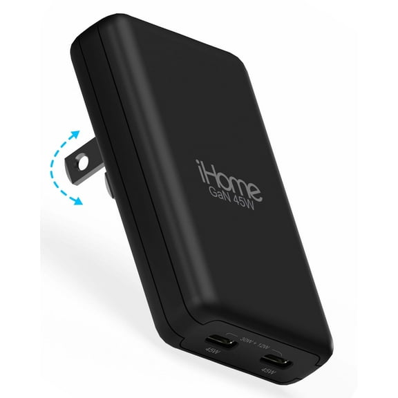 iHome 45W Ultra Slim Wall Charger, Dual USB-C Ports, GaN Technology, Folding Prongs, Travel Friendly, ETL Certified, Black