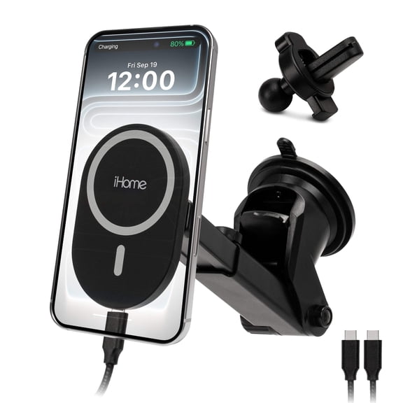 iHome 5-in-1 Complete Car Charging Kit, 15W MagSafe Charger, Dual Port Adapter, Mounts Cable