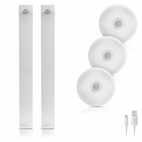 iHome 5pc Rechargeable Light Set, 2 Light Bars & 3 Puck Lights, Motion Sensor, Dimmable, Auto/Always-On, Easy Install