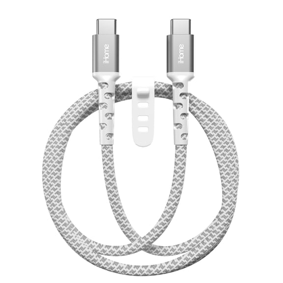 iHome 6' USB-C to USB-C Cable, Nylon Braided with Cable Wrap, White