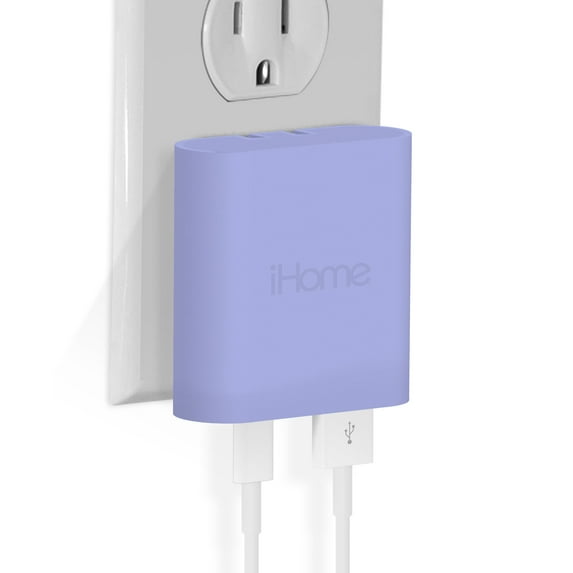 iHome AC Pro 20W Dual Port Wall Charger, 1 USB-C, 1 USB-A, Lavender