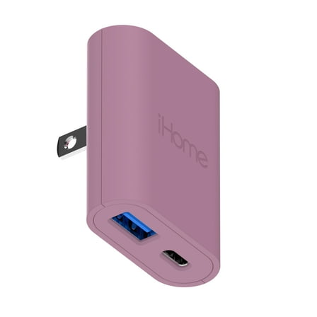 iHome AC Pro 30W Dual Port Wall Charger (1 USB-C, 1 USB-A), Pink