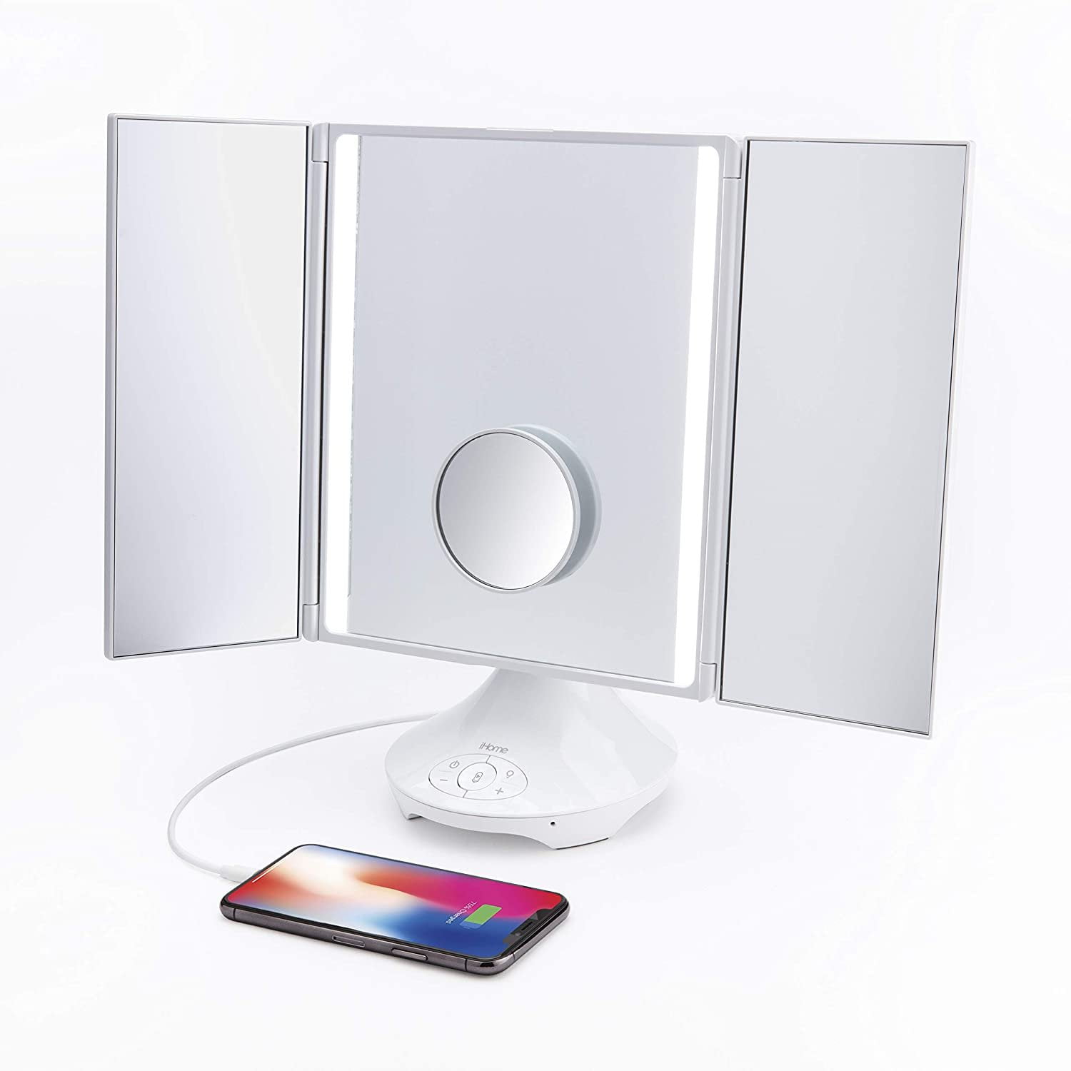 Luxe 10x Magnification White Bluetooth Makeup Mirror with LED Lighting