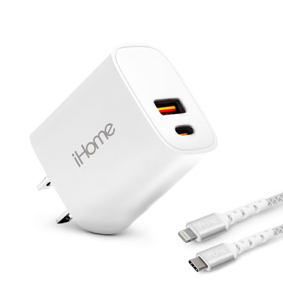 iHome Charge & Sync Bundle, Dual-Port Charger, 20W USB-C Power Delivery, 6ft Lightning to USB-C  Cable