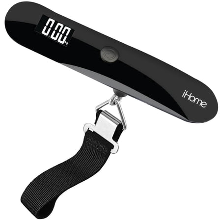 iHome Digital Battery Powered Luggage Scale with Travel Strap, 110 lb Capacity, Black