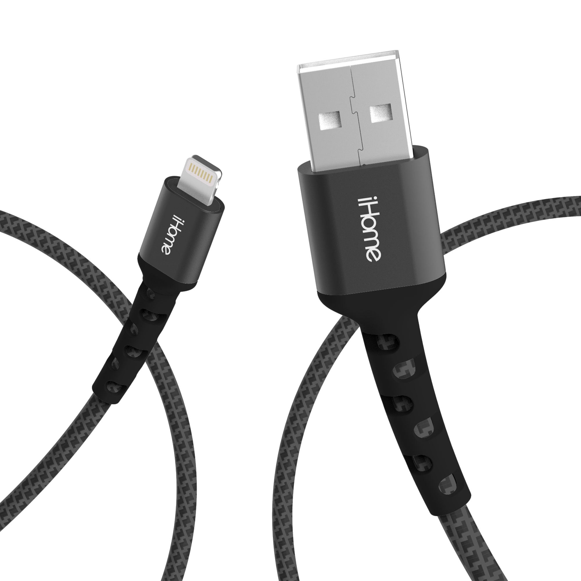 iHome Fabric Braided Lightning to USB Cable, Black, 6'