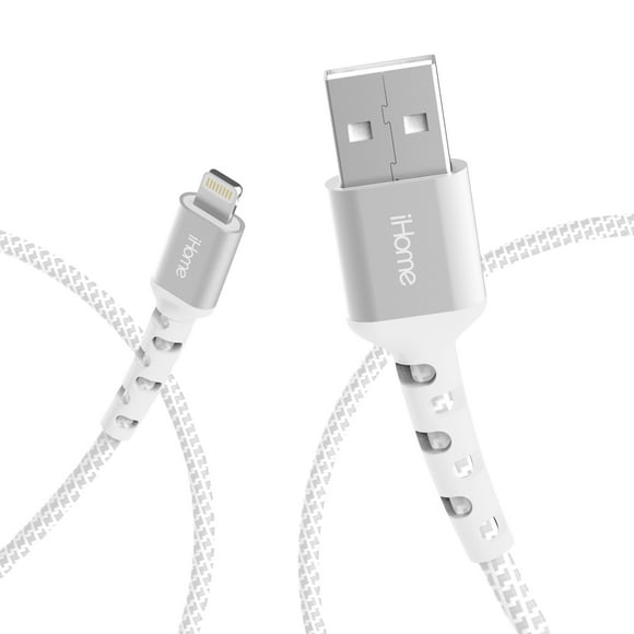 iHome Fabric Braided Lightning to USB Cable, White, 6'
