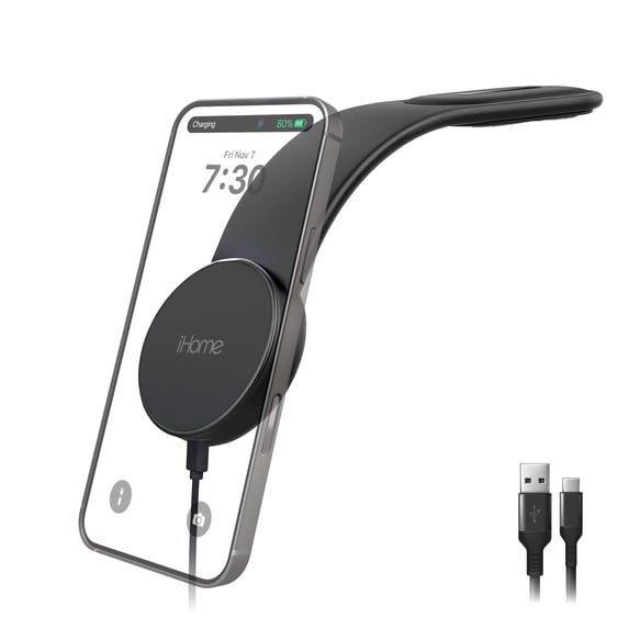 iHome Magnetic Wireless Dash Mount, 15W Fast Charging, Adjustable Flexible Arm, Aluminum Alloy