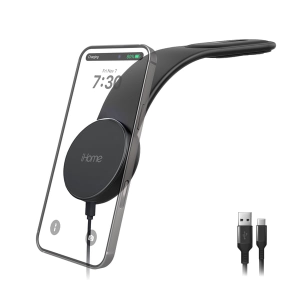 iHome Magnetic Wireless Dash Mount, 15W Fast Charging, Adjustable Flexible Arm, Aluminum Alloy