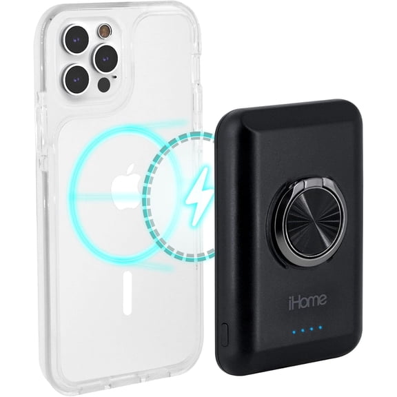 iHome Magnetic Portable Power Bank with Ring Stand, 5,000mAh, MagSafe Compatible, for iPhone 12 & 13