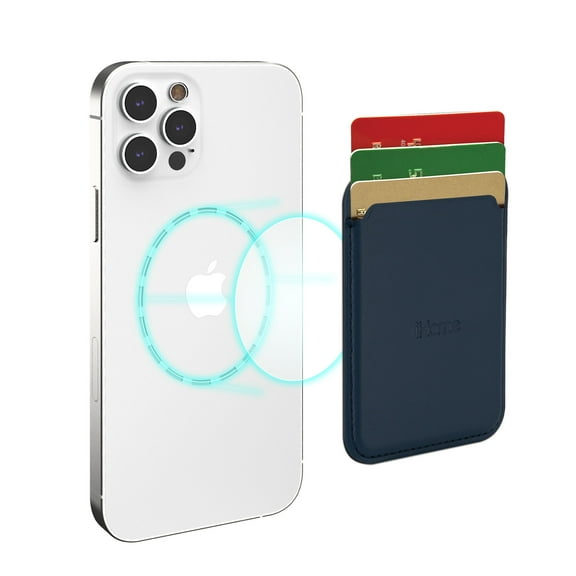 iHome Magnetic Vegan Leather Card Wallet: Premium Vegan Leather, Lightweight, Ultra Slim, MagSafe Compatible for iPhone 12 & 13 Series (Navy)