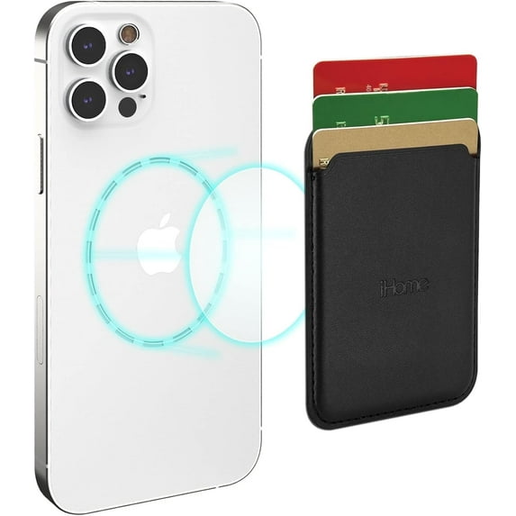 iHome Magnetic Vegan Leather Card Wallet, Ultra Slim, MagSafe Compatible for iPhone 12/12 Pro/12 Pro Max, Black