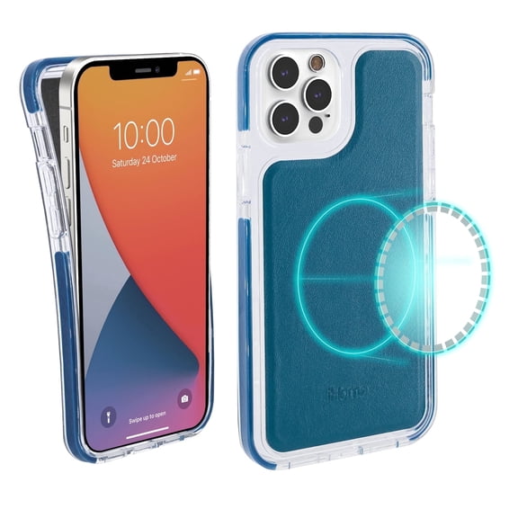 iHome Magnetic Vegan Leather Velo Case, Ultra Slim Shock-Absorbing Protective Case, MagSafe Compatible for iPhone 12 Pro Max, Navy