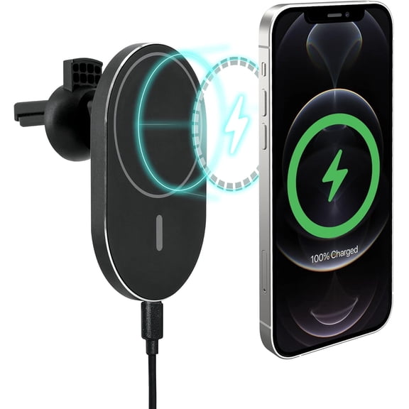 iHome Magnetic Wireless Air Vent Car Mount, 10W Fast Charging, Compatible with iPhone 12/13, Works with MagSafe Cases, Black