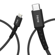 iHome Nylon Braided Lightning to USB-C Cable, Black, 6'
