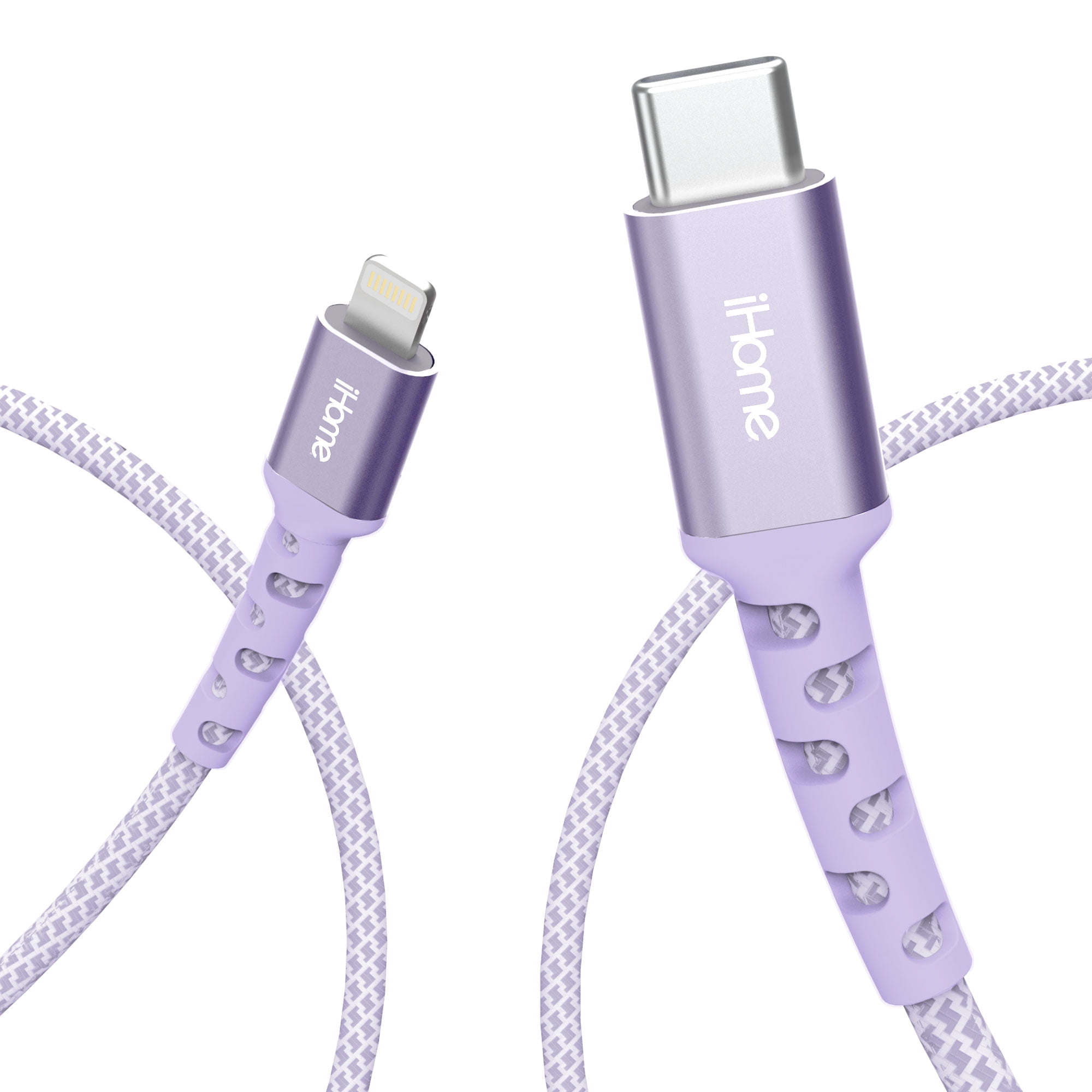 iHome Nylon Braided Lightning to USBC Cable, Lavender, 6'
