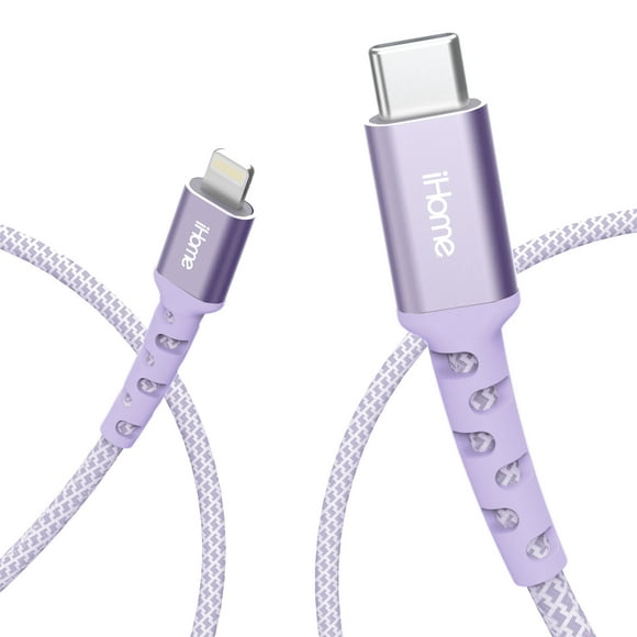 iHome Nylon Braided Lightning to USB-C Cable, Lavender, 6'
