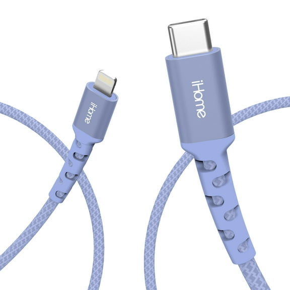 iHome Nylon Braided Lightning to USB-C Cable, Lavender, 6'