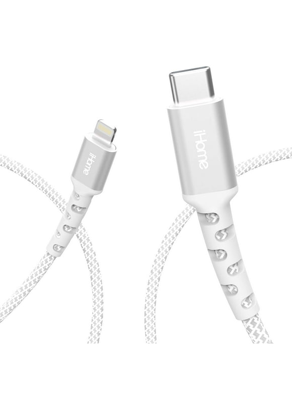 iHome Nylon Braided Lightning to USB-C Cable, White, 6'